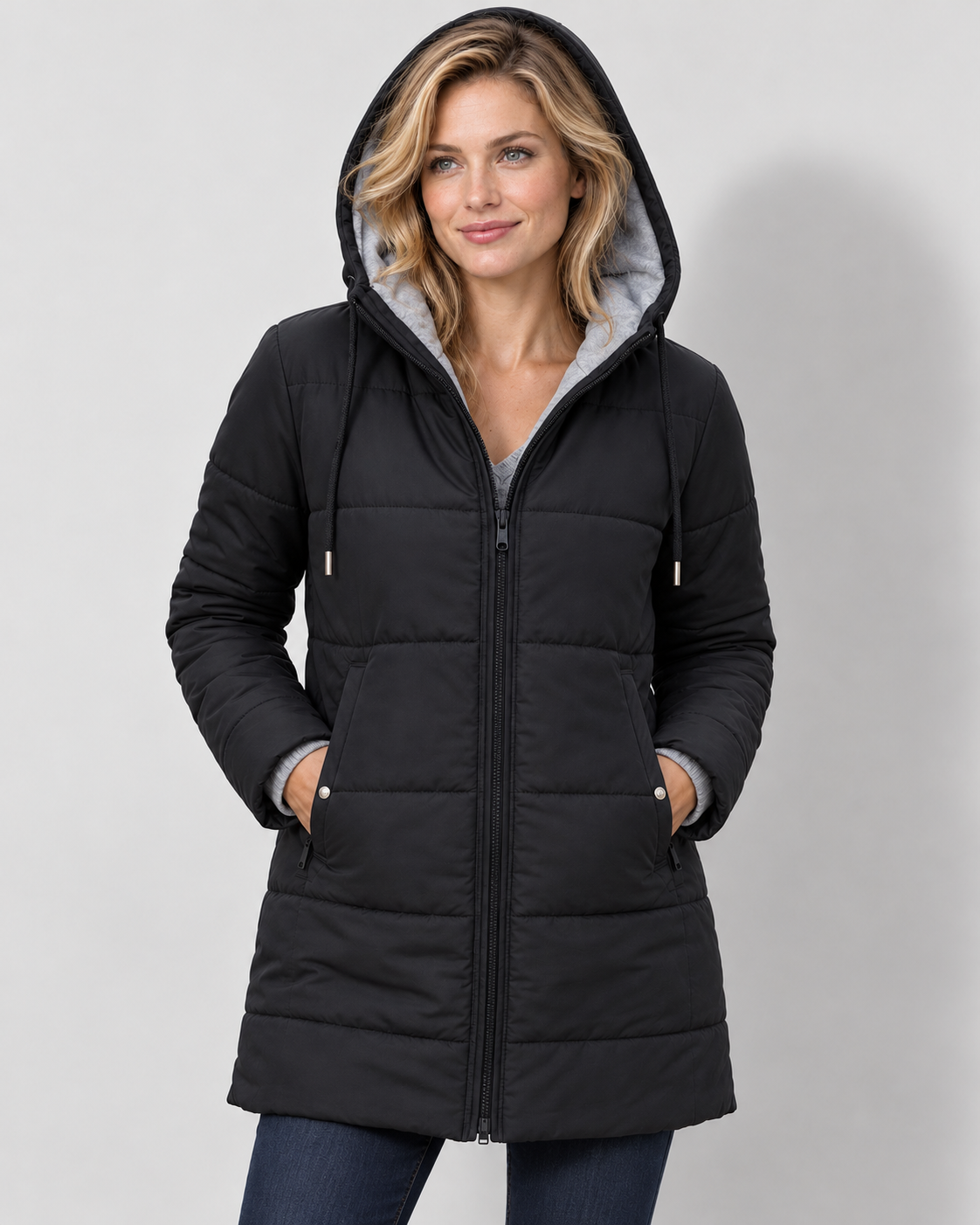 Women's hooded quilted longline coat, Black front on Avery model W01