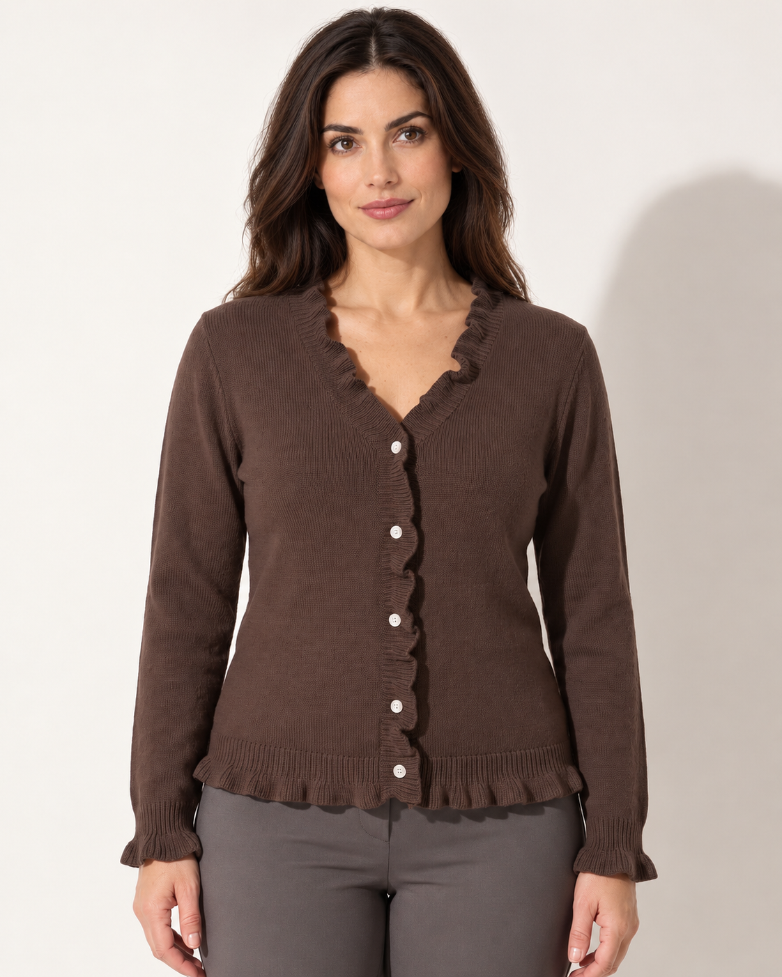 Aurelia brown V-neck cardigan with knitted ruffled edging, front view on W02