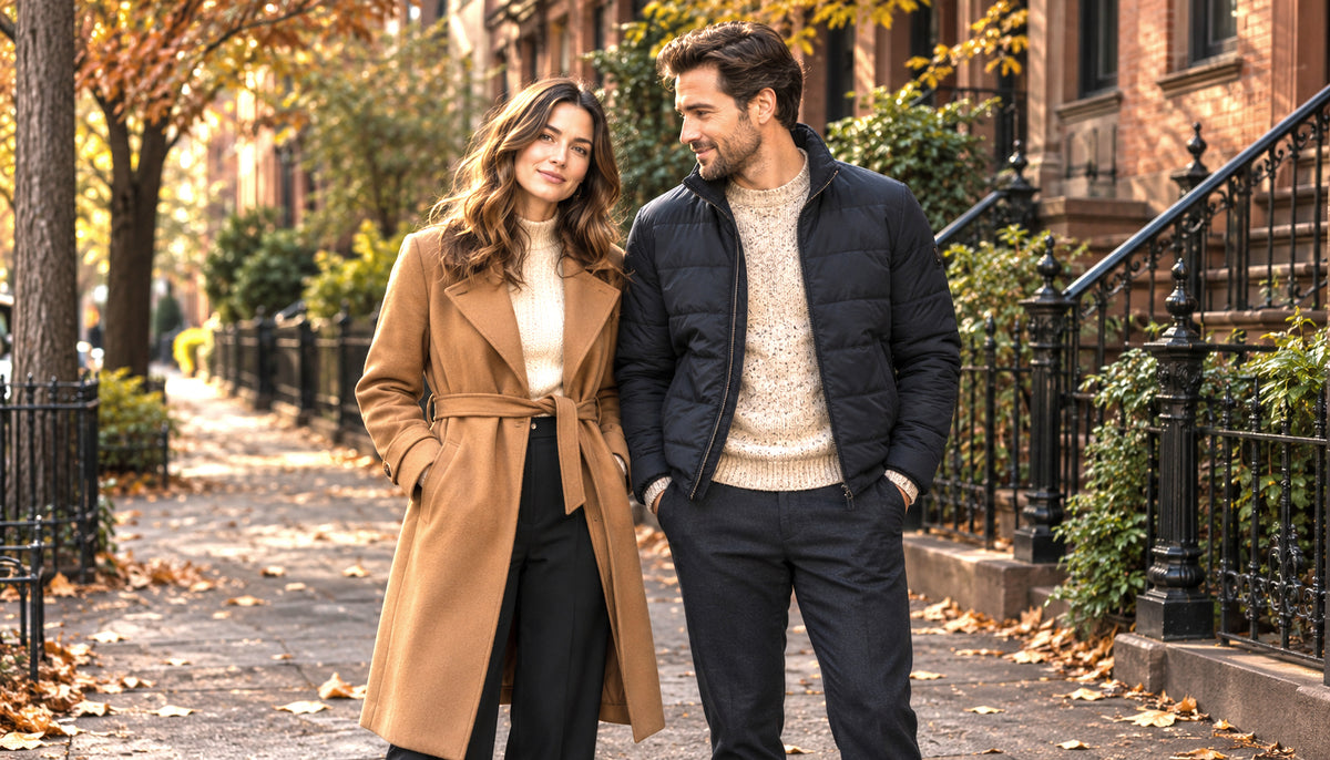 Avery & Mercer autumn layers: a woman and man on a New York brownstone street