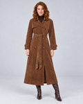 Women's brown suede-effect belted trench coat, front hero, photographed in a light grey studio