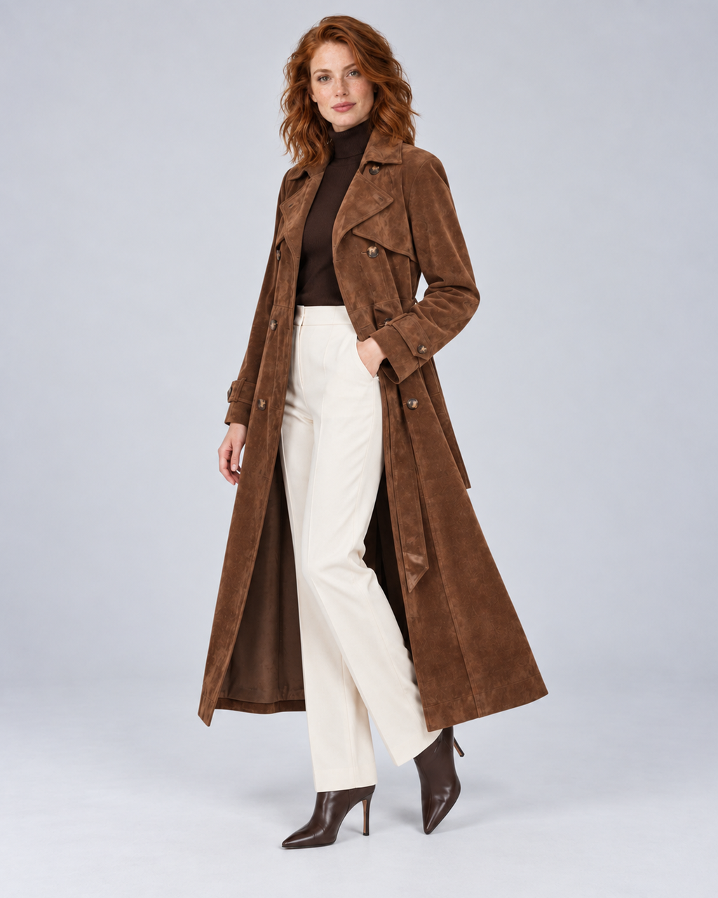Women's brown suede-effect belted trench coat, open three-quarter, photographed in a light grey studio