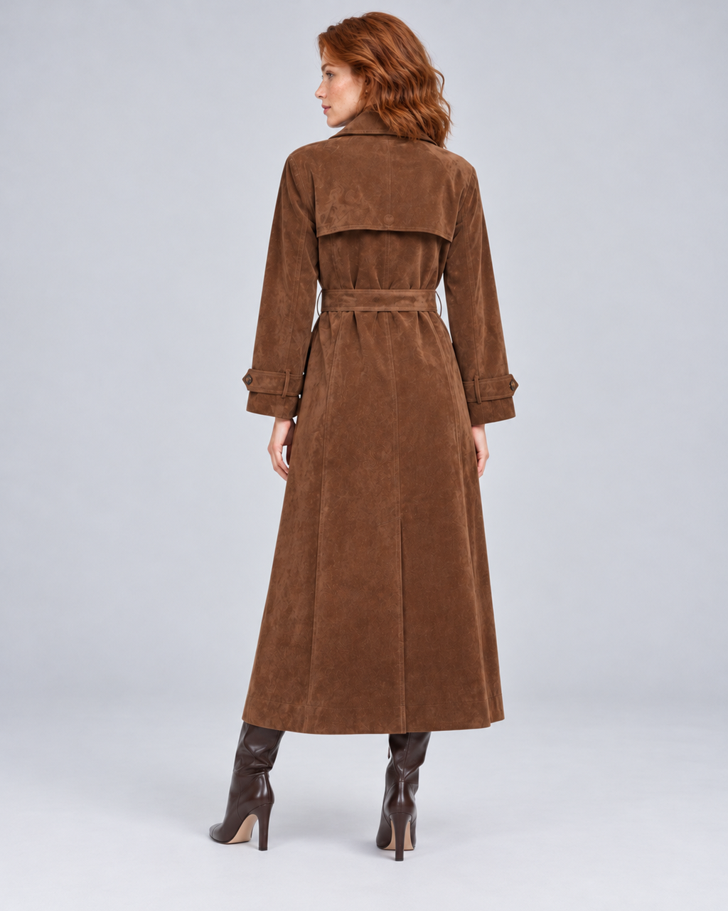 Women's brown suede-effect belted trench coat, source-evidenced rear, photographed in a light grey studio