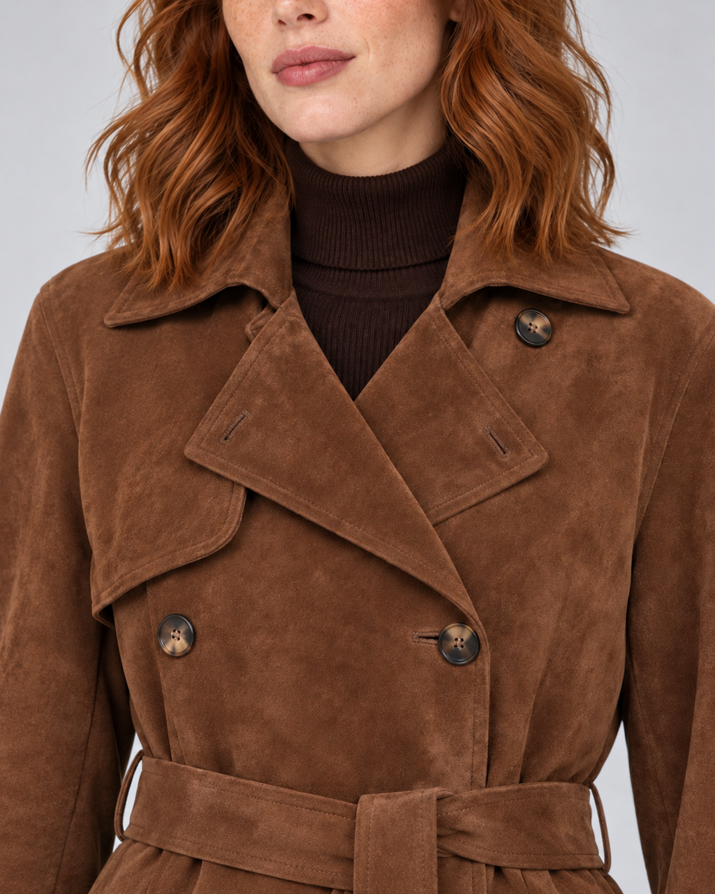 Women's brown suede-effect belted trench coat, collar and suede detail, photographed in a light grey studio