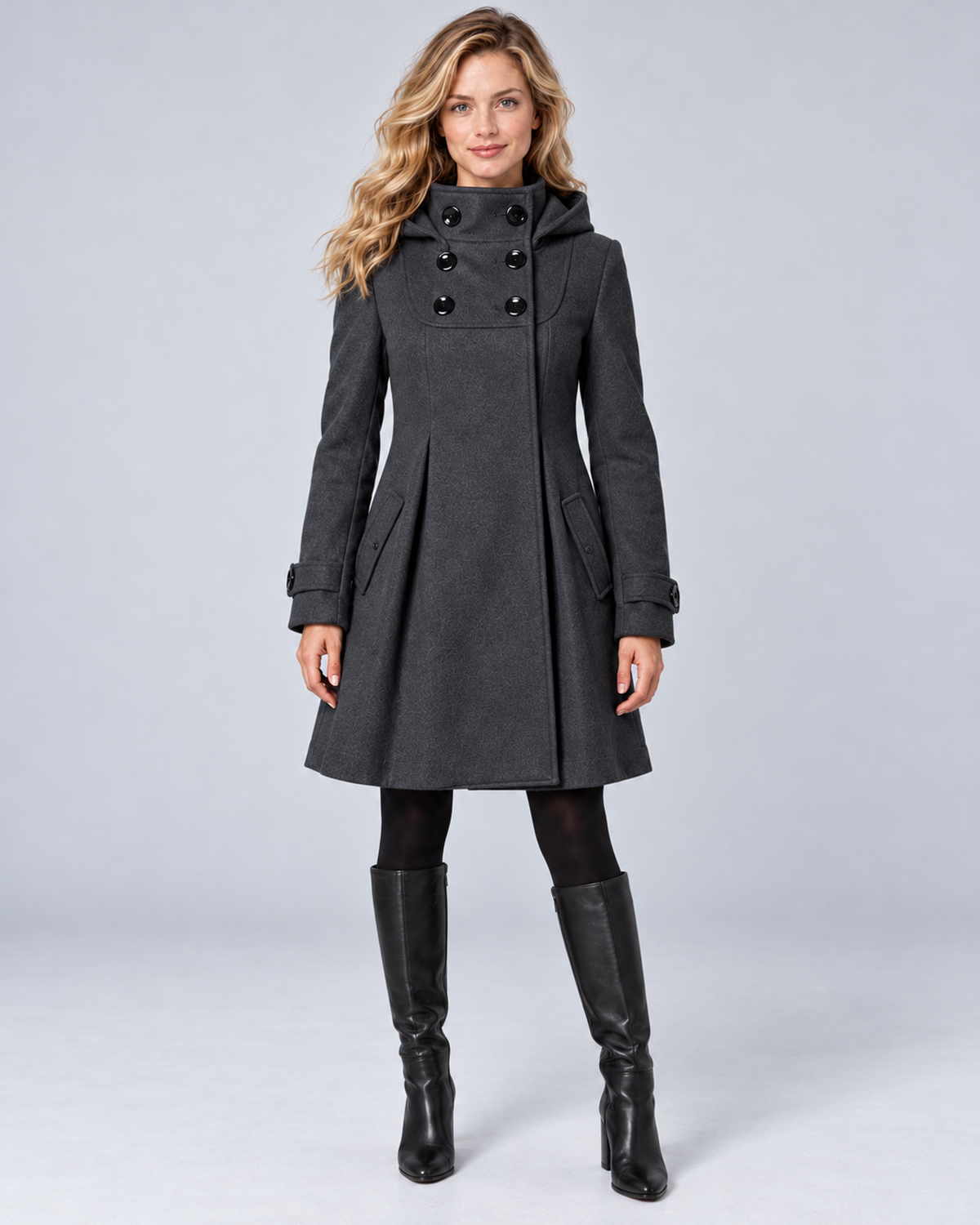 Women's hooded high-neck A-line coat in dark grey, front hero, on the approved studio model