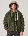 Green corduroy jacket with contrasting hood, front studio view