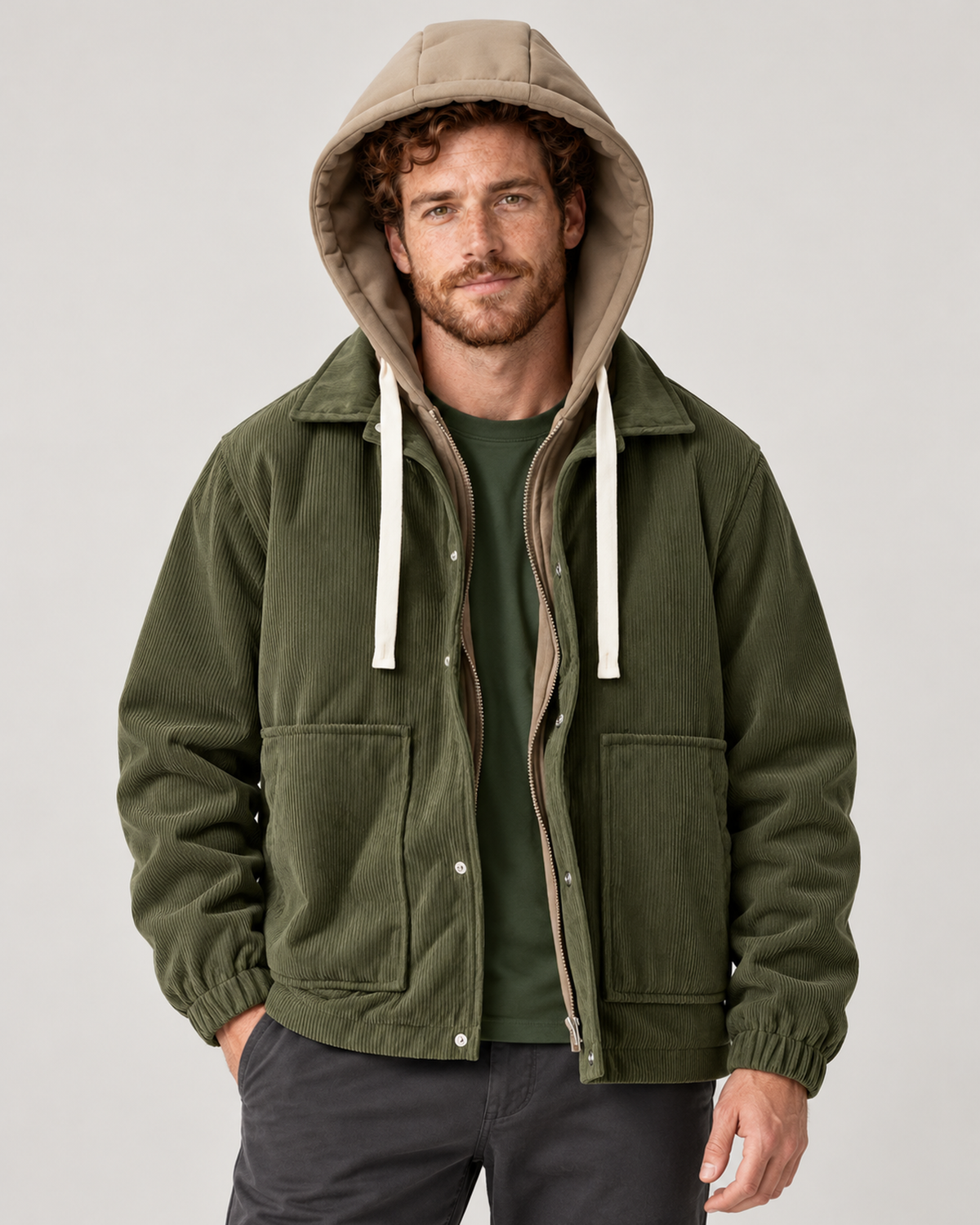 Green corduroy jacket with contrasting hood, front studio view