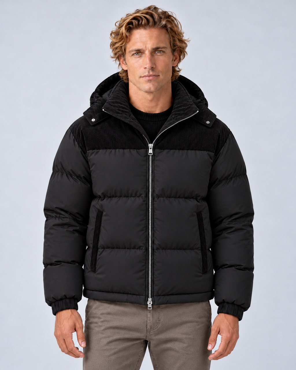 Men's hooded quilted puffer jacket in black, front hero, photographed on the approved studio model