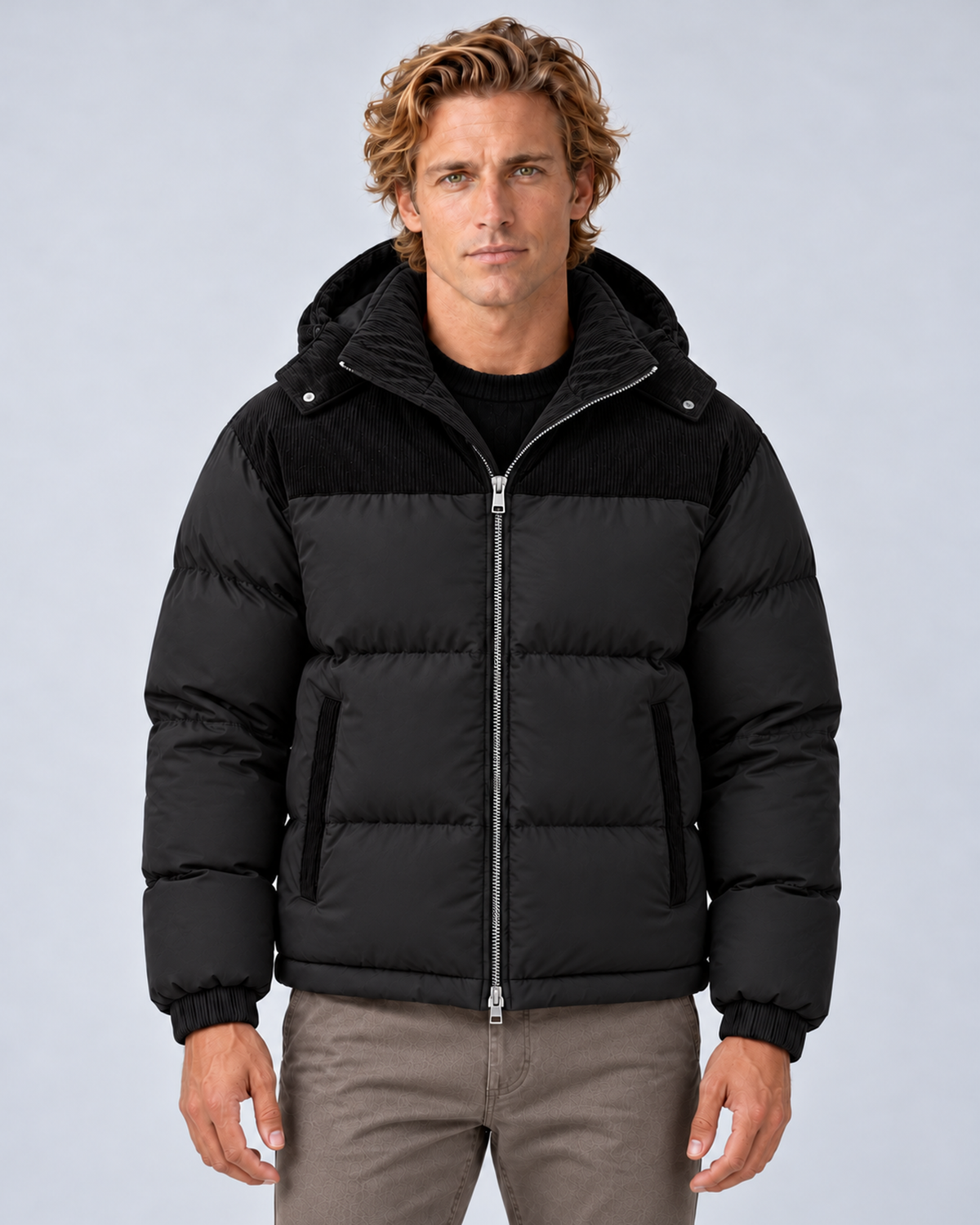 Men's hooded quilted puffer jacket in black, front hero, photographed on the approved studio model