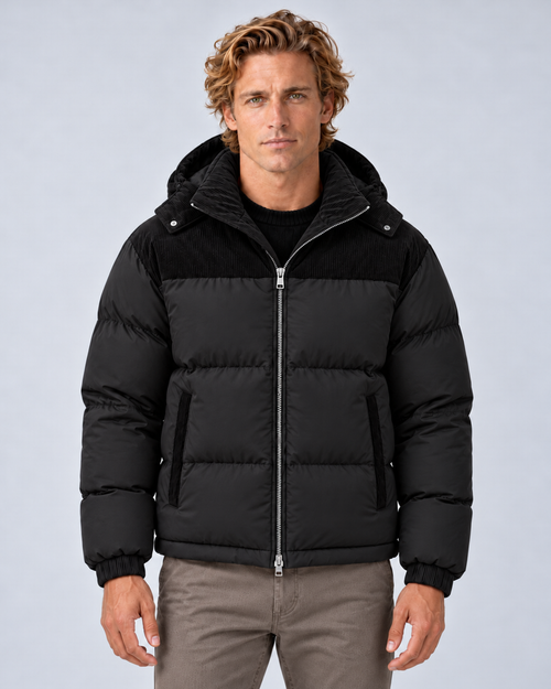 Men's hooded quilted puffer jacket in black, front hero, photographed on the approved studio model