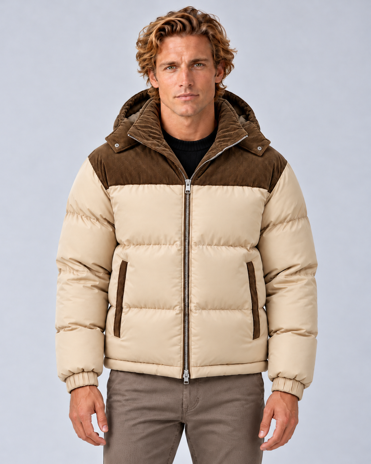 Men's hooded quilted puffer jacket in beige, front hero, photographed on the approved studio model