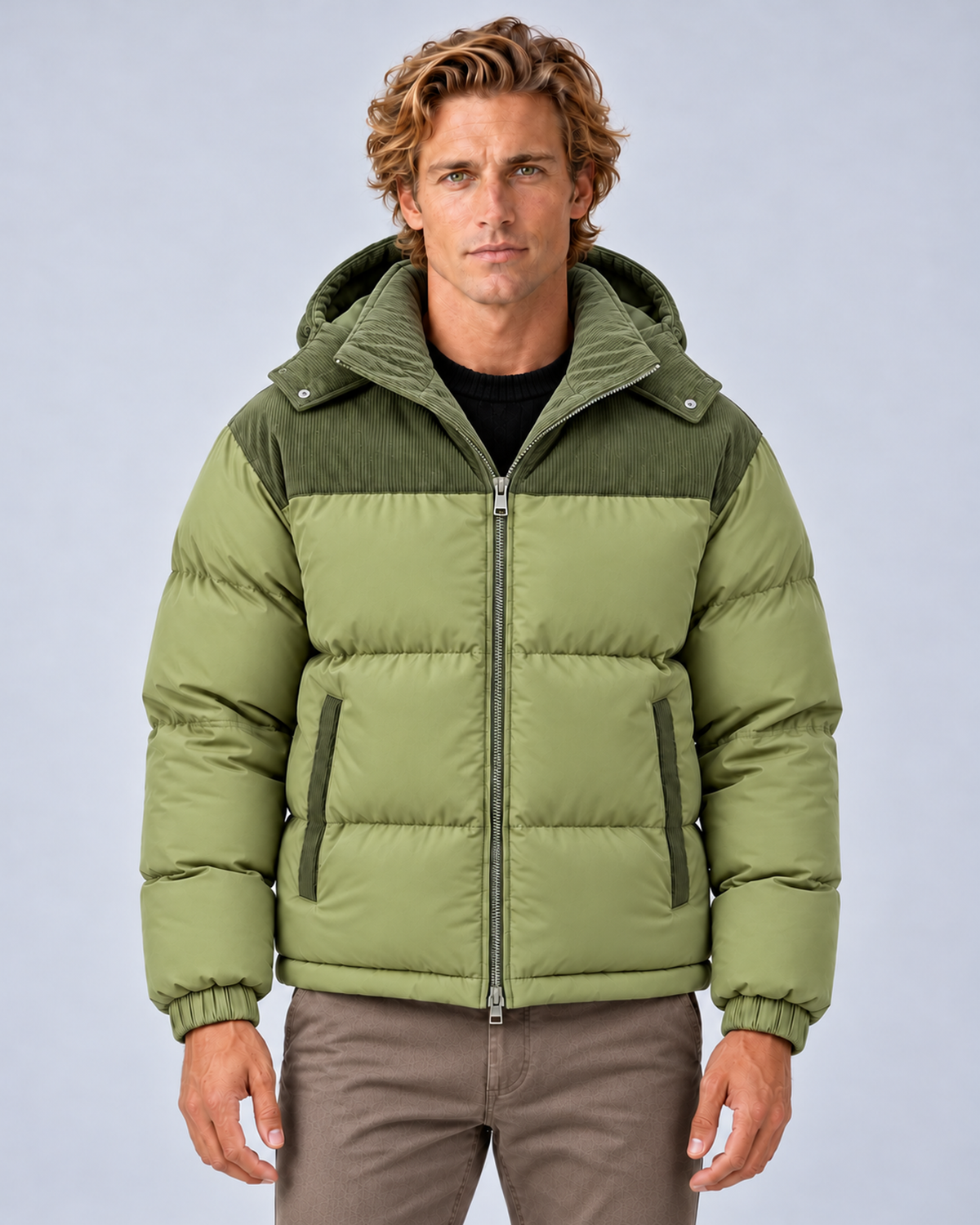 Men's hooded quilted puffer jacket in avocado green, front hero, photographed on the approved studio model