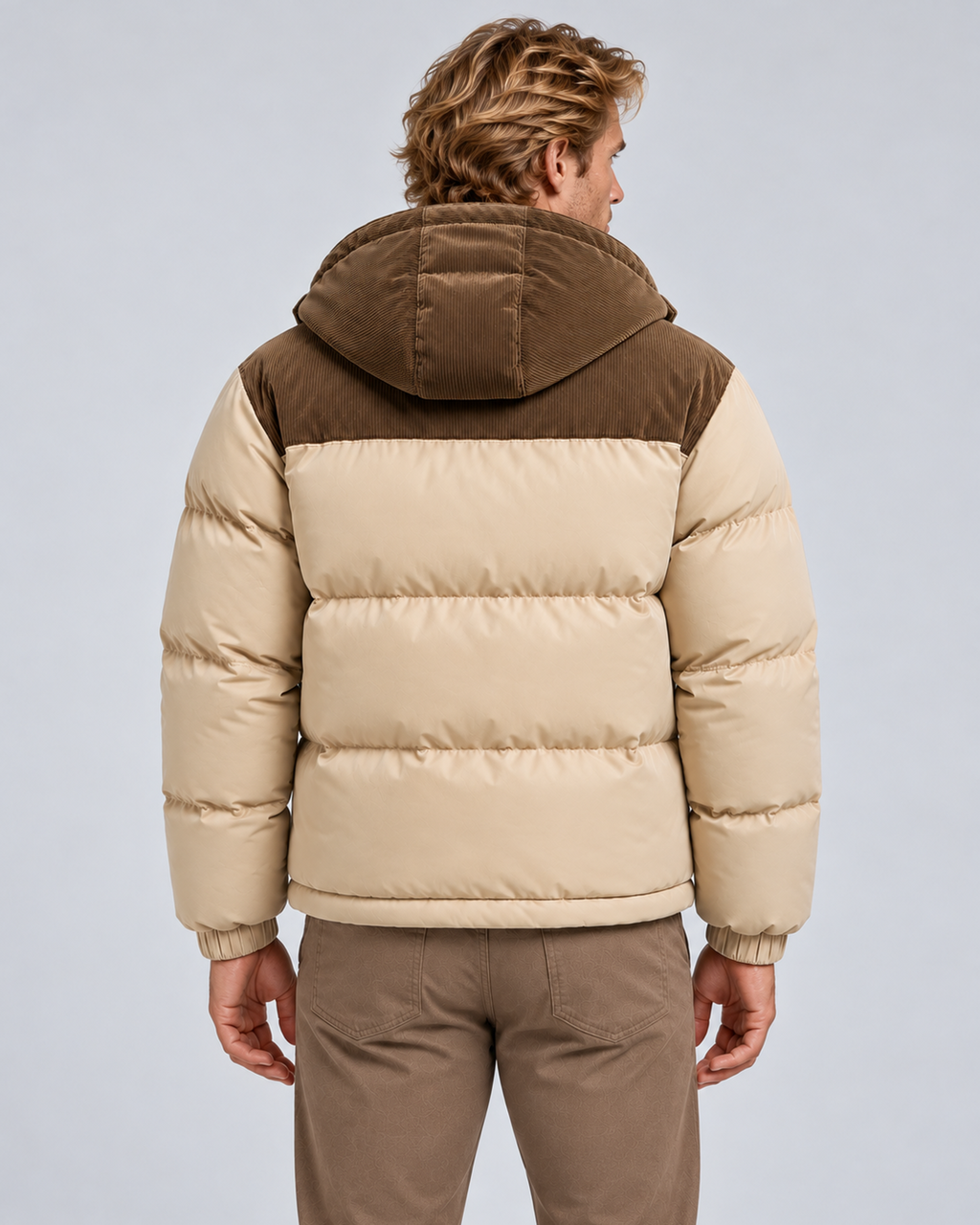 Men's hooded quilted puffer jacket in beige, rear, photographed on the approved studio model