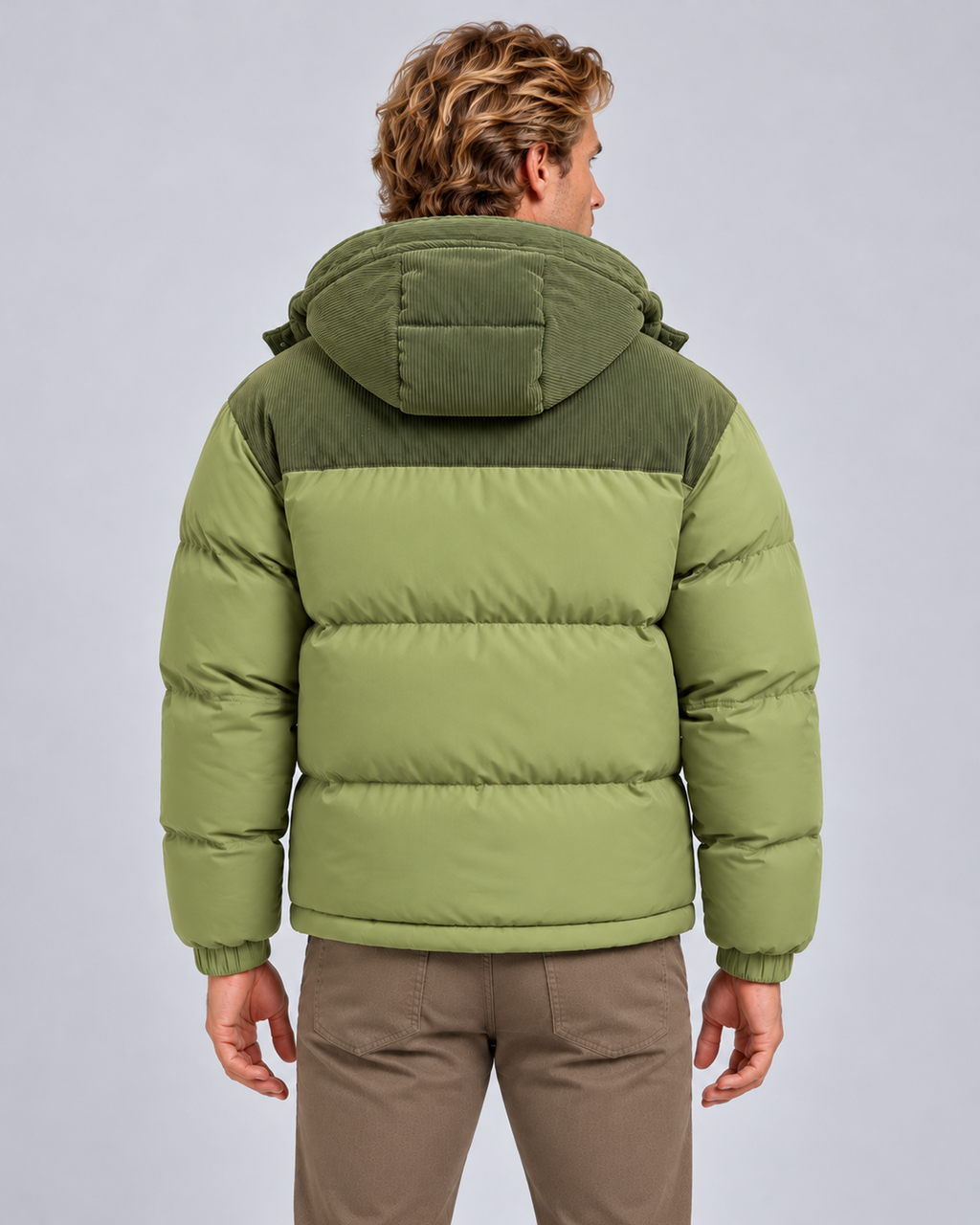 Men's hooded quilted puffer jacket in avocado green, rear, photographed on the approved studio model