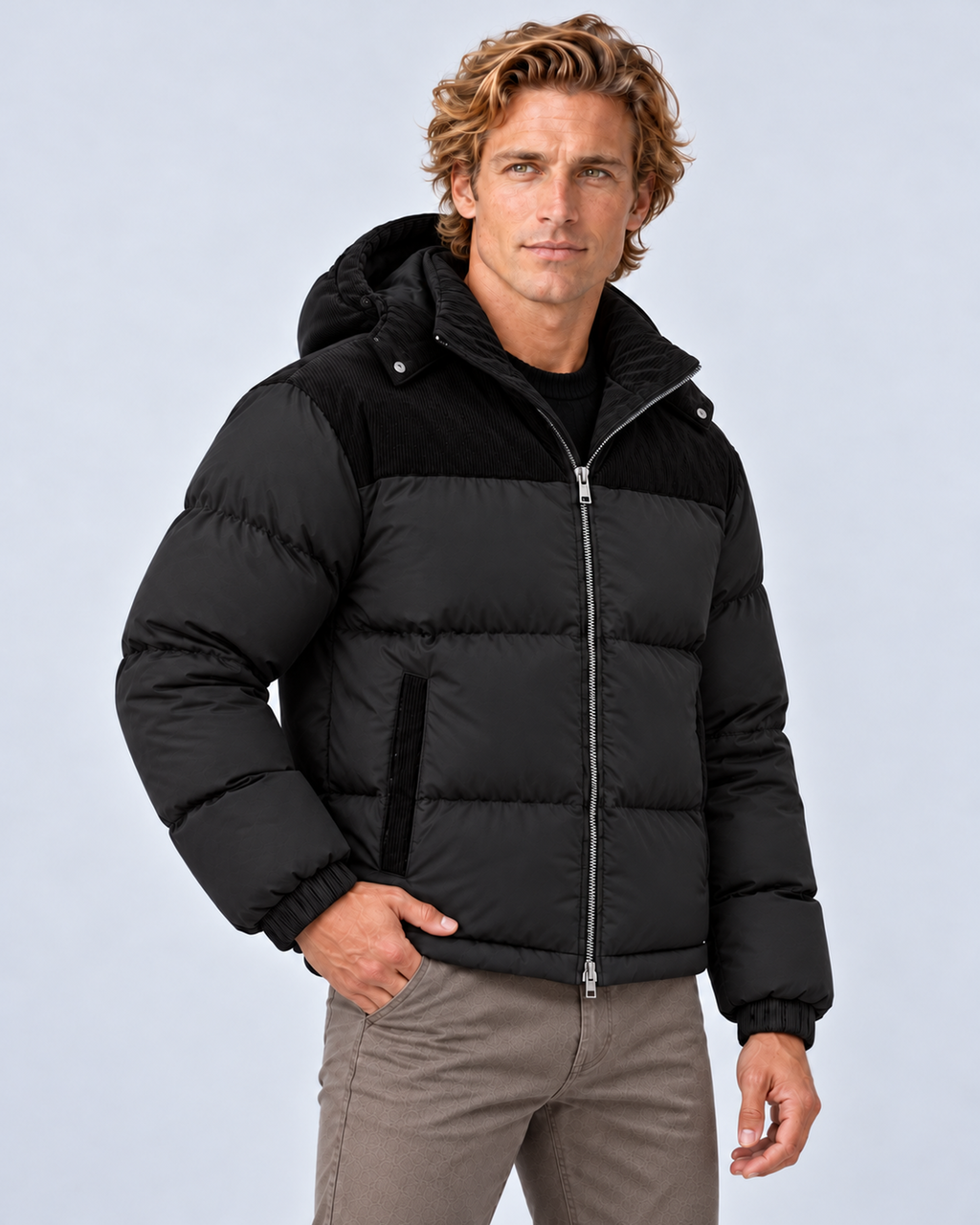 Men's hooded quilted puffer jacket in black, three-quarter front, photographed on the approved studio model