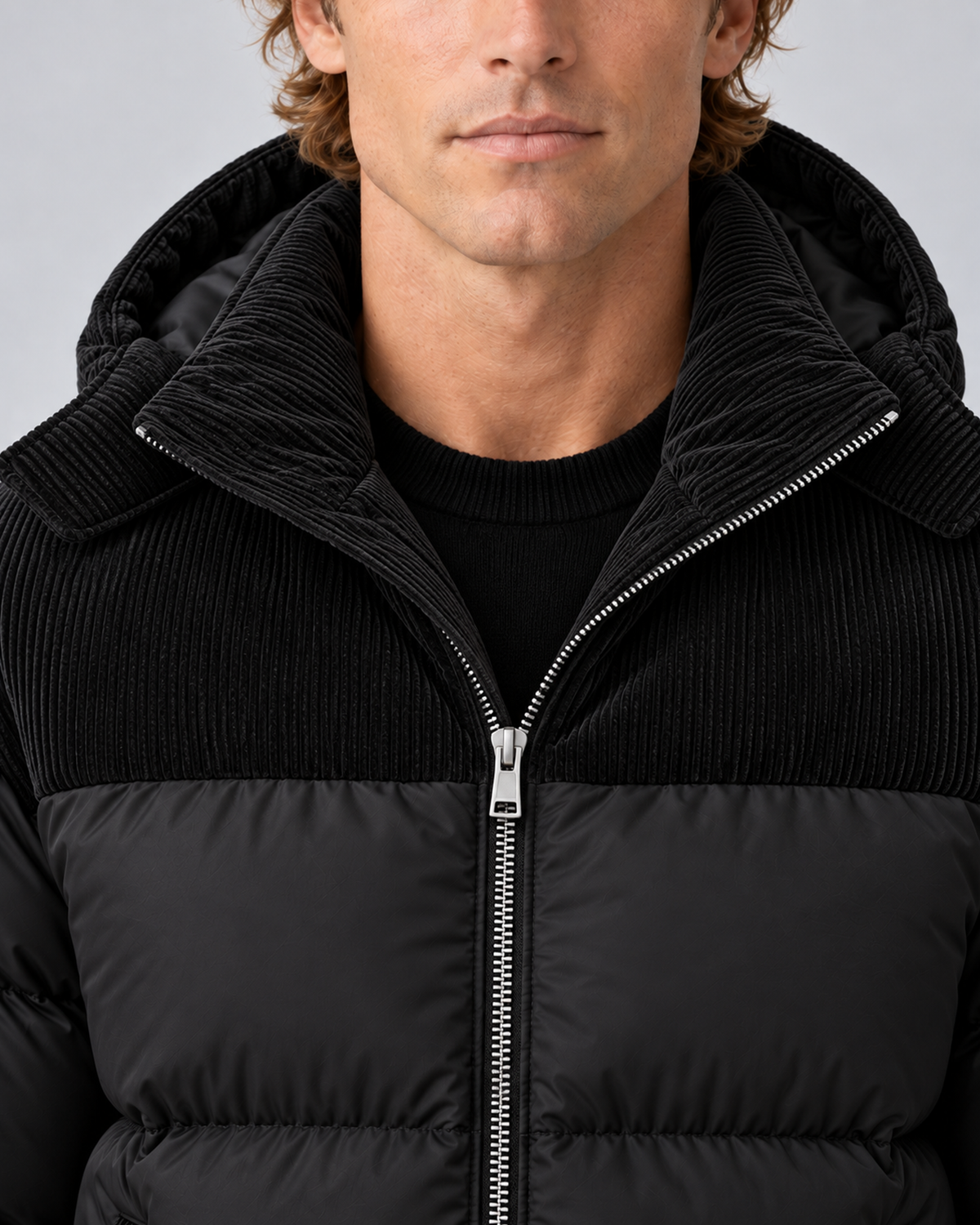 Men's hooded quilted puffer jacket in black, collar and zipper detail, photographed on the approved studio model