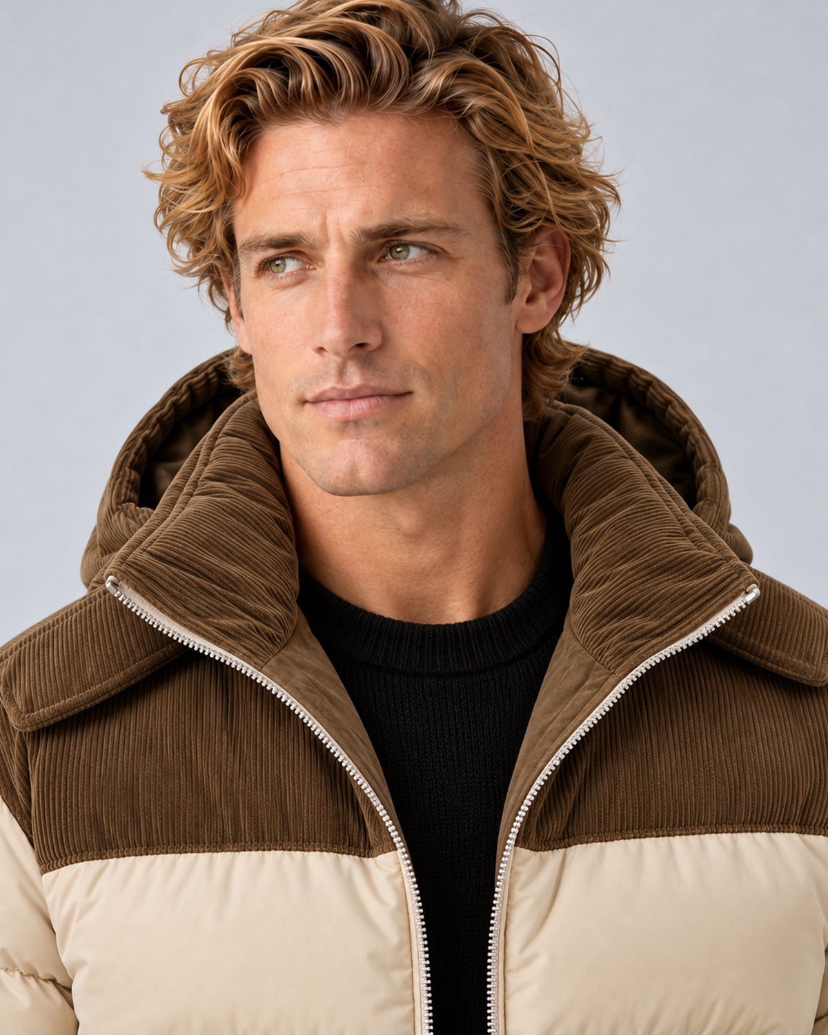 Men's hooded quilted puffer jacket in beige, collar and hood detail, photographed on the approved studio model