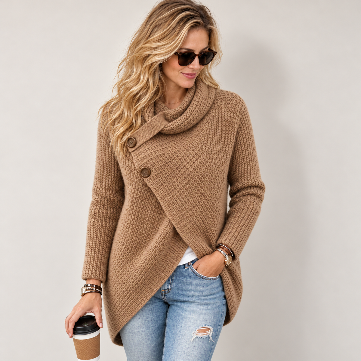 Women's asymmetric cowl-neck knit sweater, khaki angle
