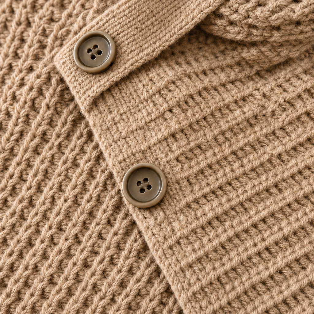 Women's asymmetric cowl-neck knit sweater, khaki button detail