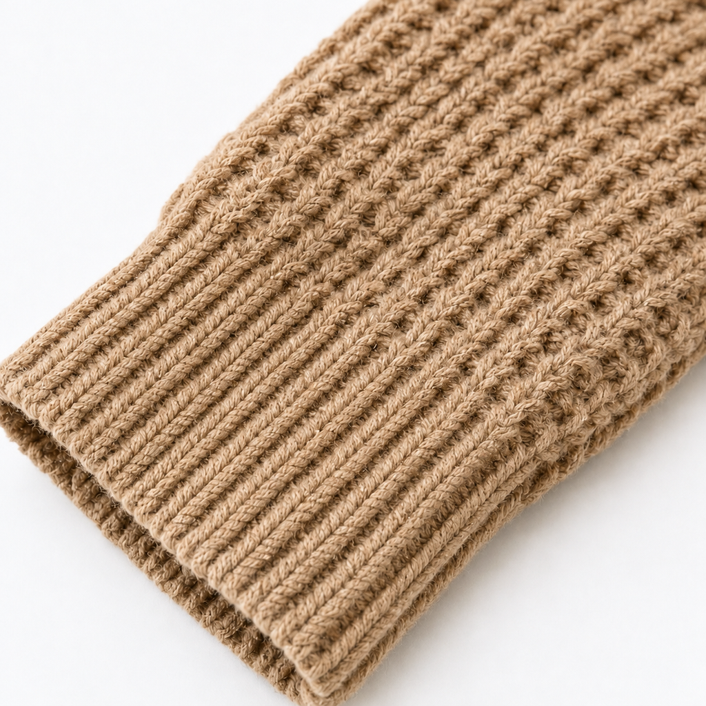 Women's asymmetric cowl-neck knit sweater, khaki cuff detail