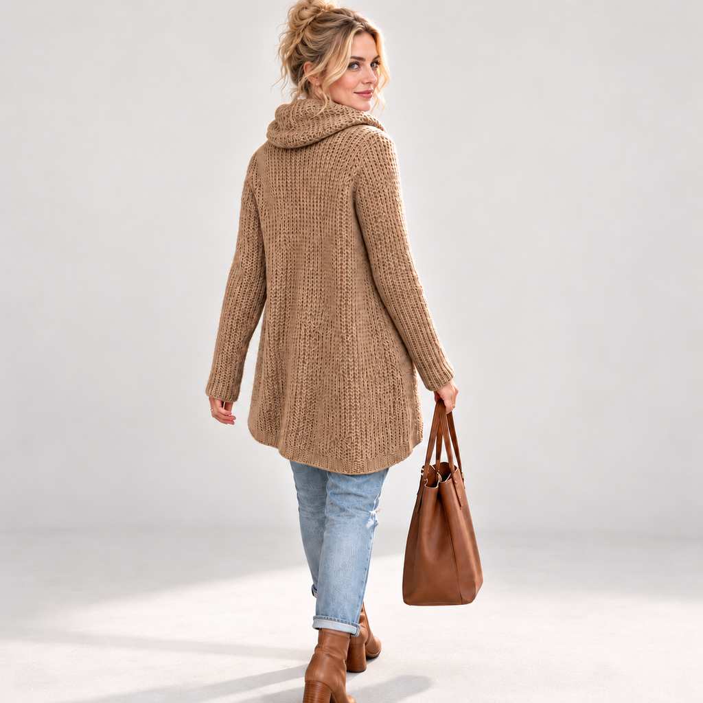 Women's asymmetric cowl-neck knit sweater, khaki rear