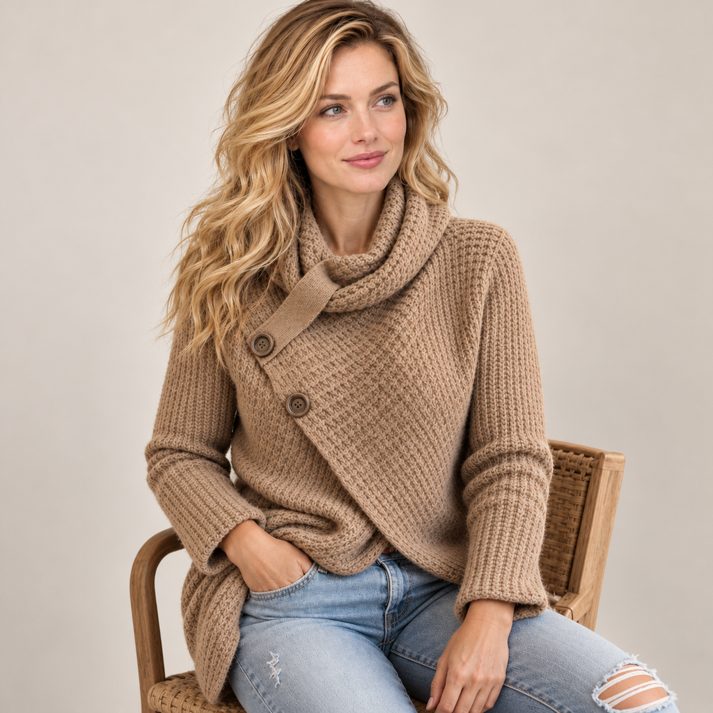 Women's asymmetric cowl-neck knit sweater, khaki seated