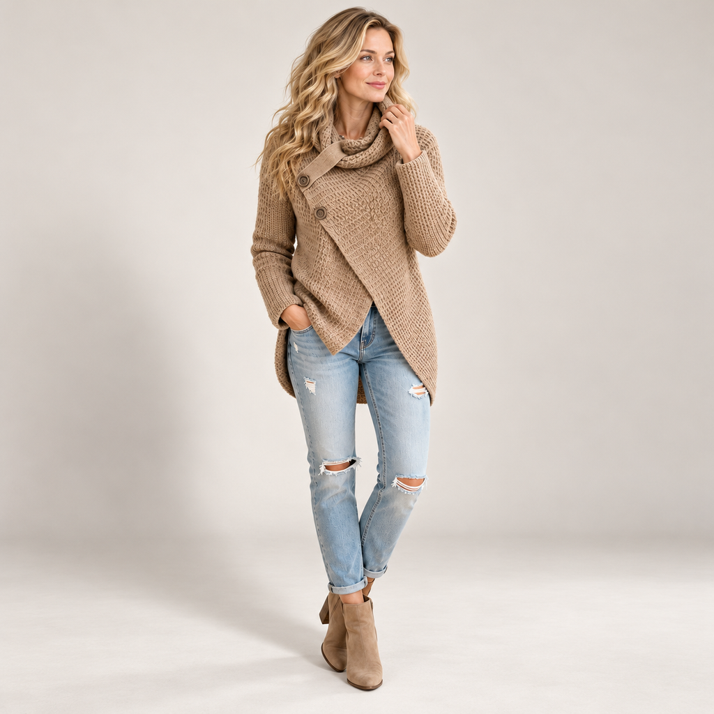 Women's asymmetric cowl-neck knit sweater, khaki styled