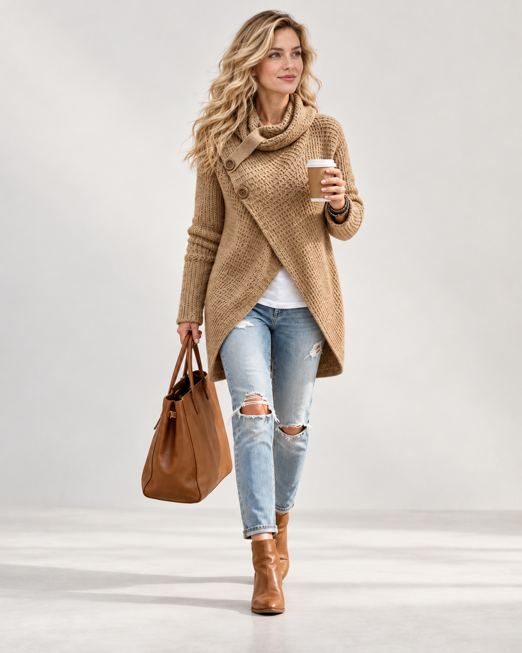 Women's asymmetric cowl-neck knit sweater, khaki walking