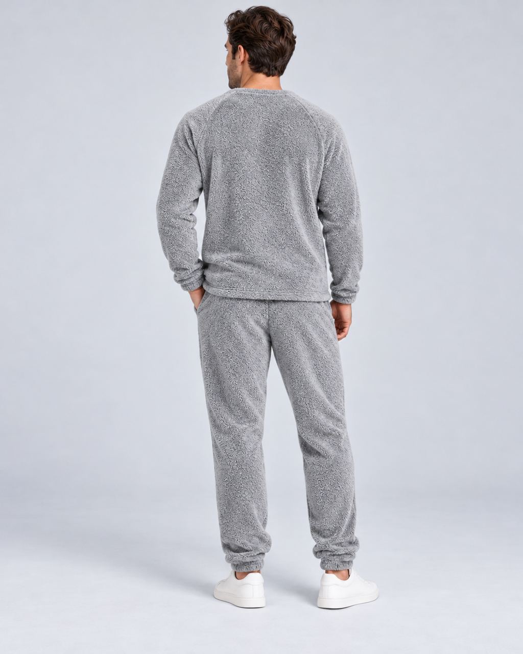 Men's plush fleece jumper and jogger set in light grey, rear full-length