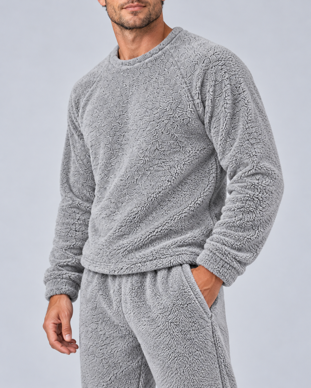 Men's plush fleece jumper and jogger set in light grey, pocket cuff and plush texture detail