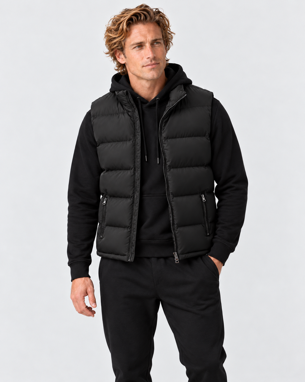 Black padded gilet, relaxed front studio view