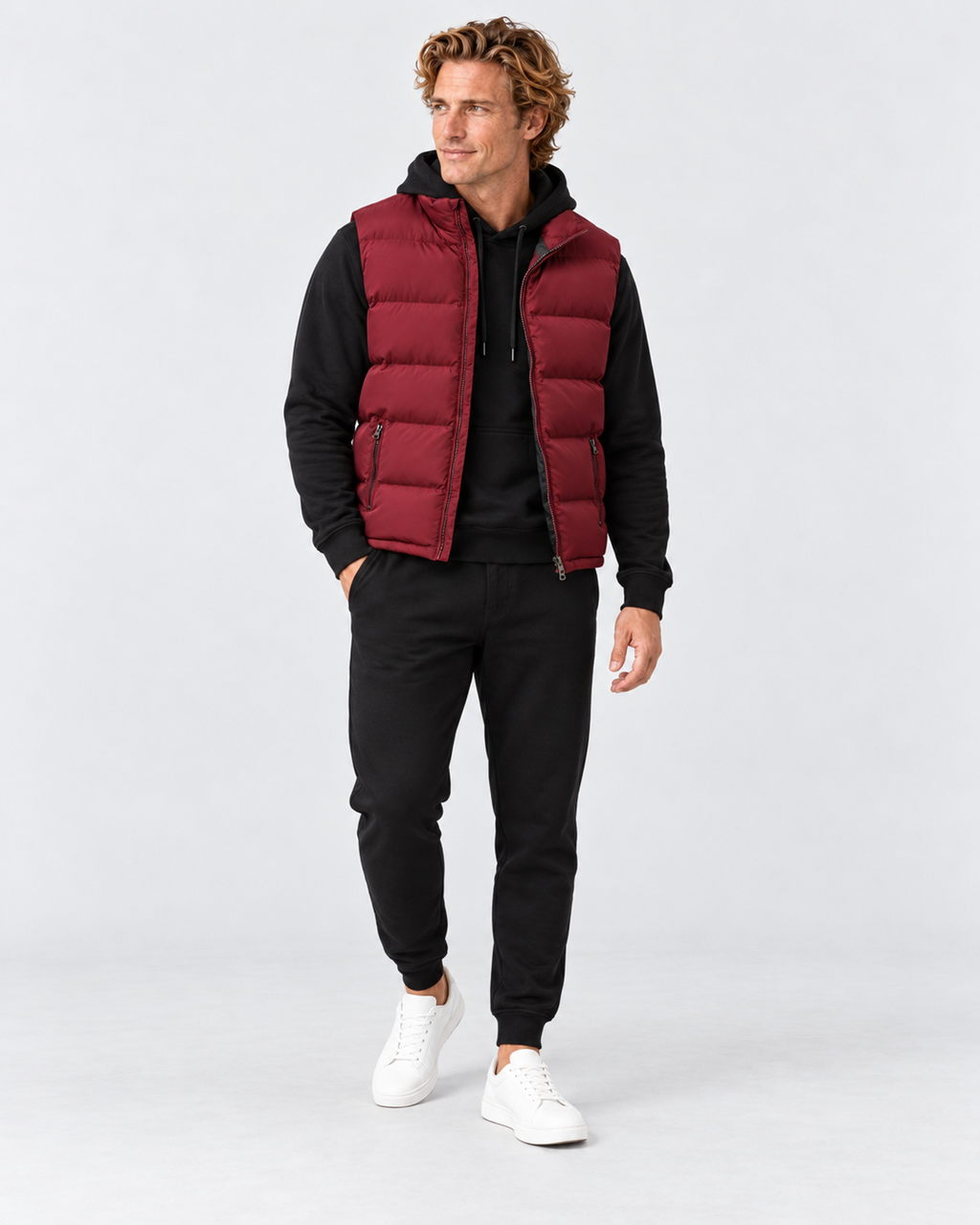 Red padded gilet, full-length studio view