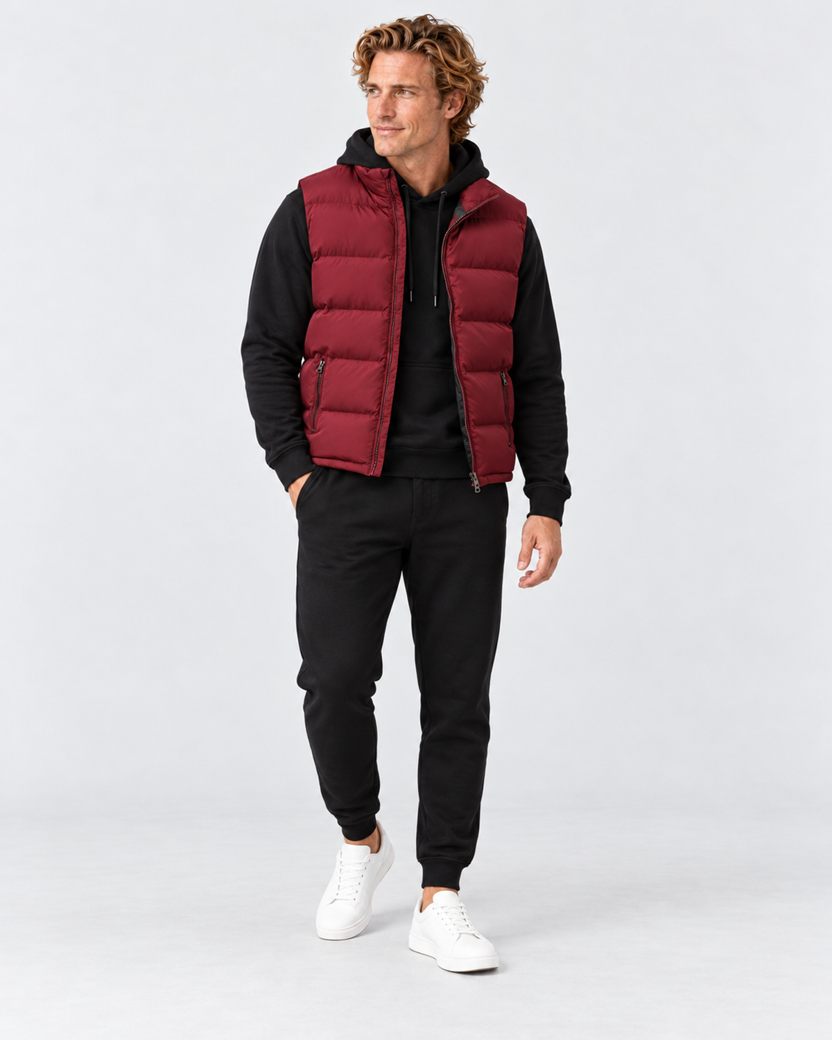 Red padded gilet, full-length studio view