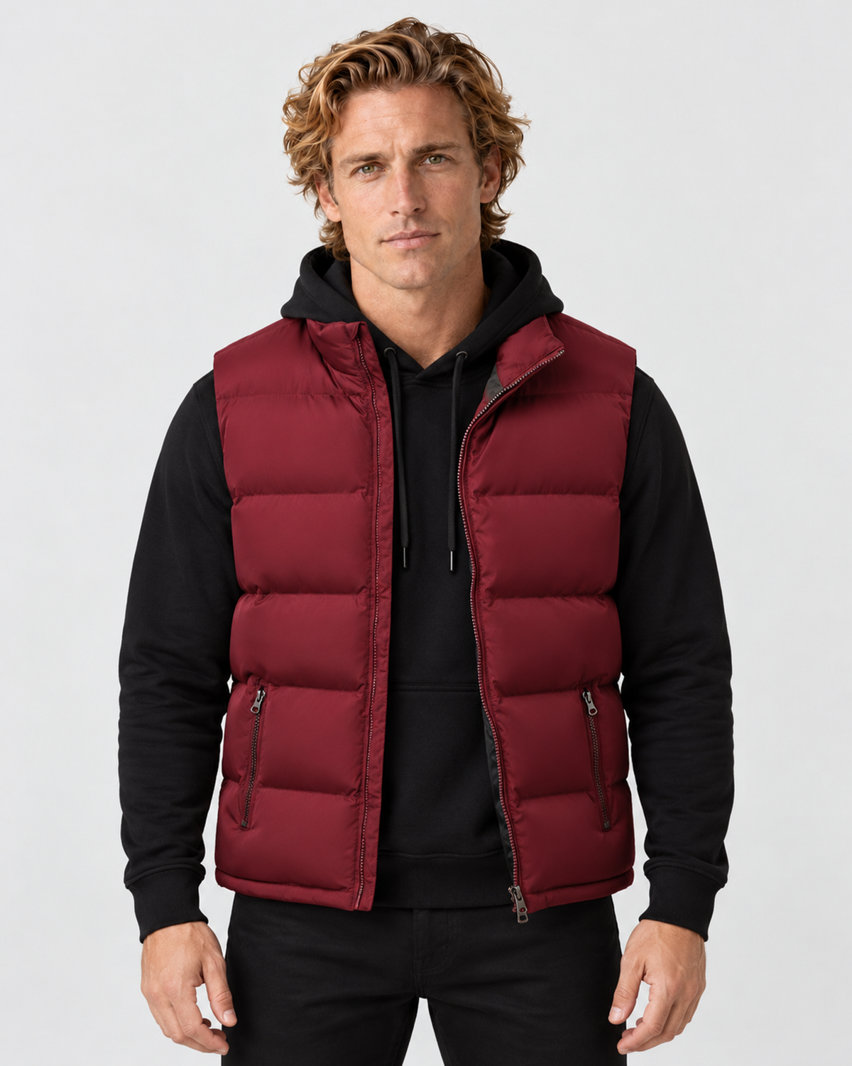 Red padded gilet, front studio view