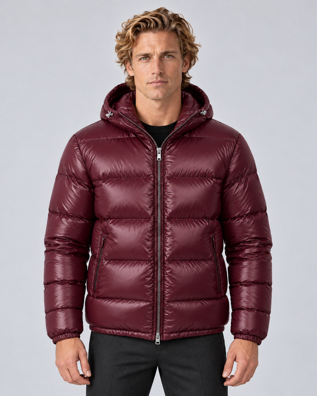 Men's hooded puffer jacket in Burgundy, front hero, grey studio