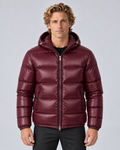 Men's hooded puffer jacket in Burgundy, front hero, grey studio