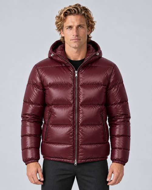 Men's hooded puffer jacket in Burgundy, front hero, grey studio