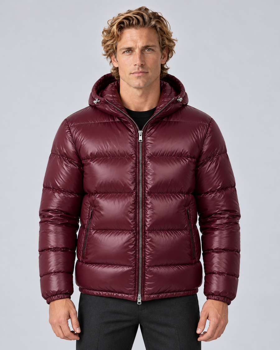 Men's hooded puffer jacket in Burgundy, front hero, grey studio
