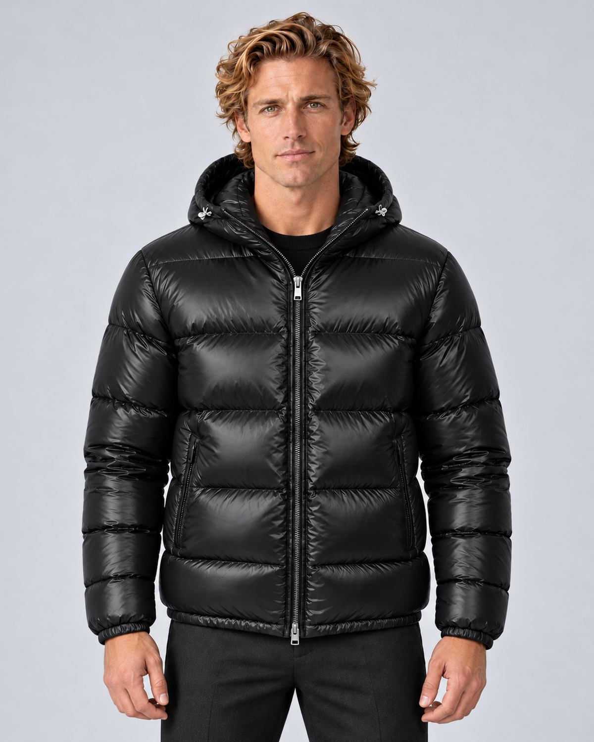 Men's hooded puffer jacket in Black, front hero, grey studio