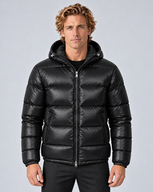 Men's hooded puffer jacket in Black, front hero, grey studio