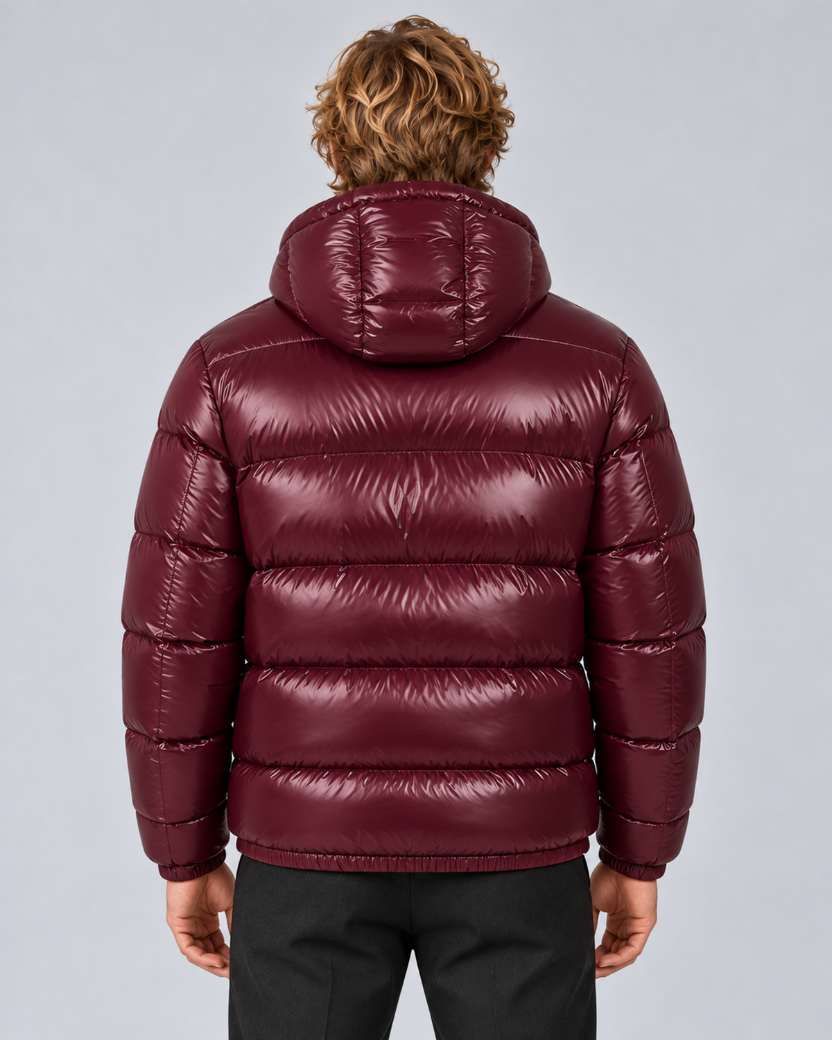Men's hooded puffer jacket in Burgundy, rear, grey studio