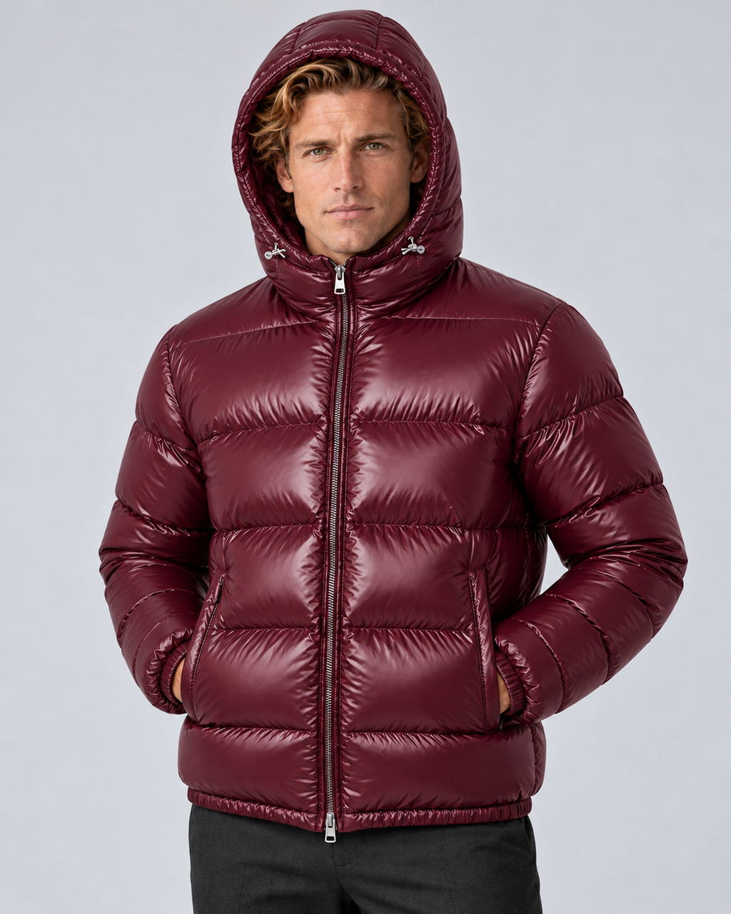 Men's hooded puffer jacket in Burgundy, hood-up three-quarter, grey studio