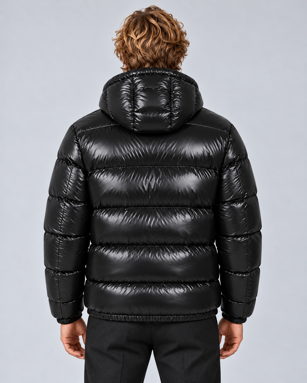 Men's hooded puffer jacket in Black, rear, grey studio