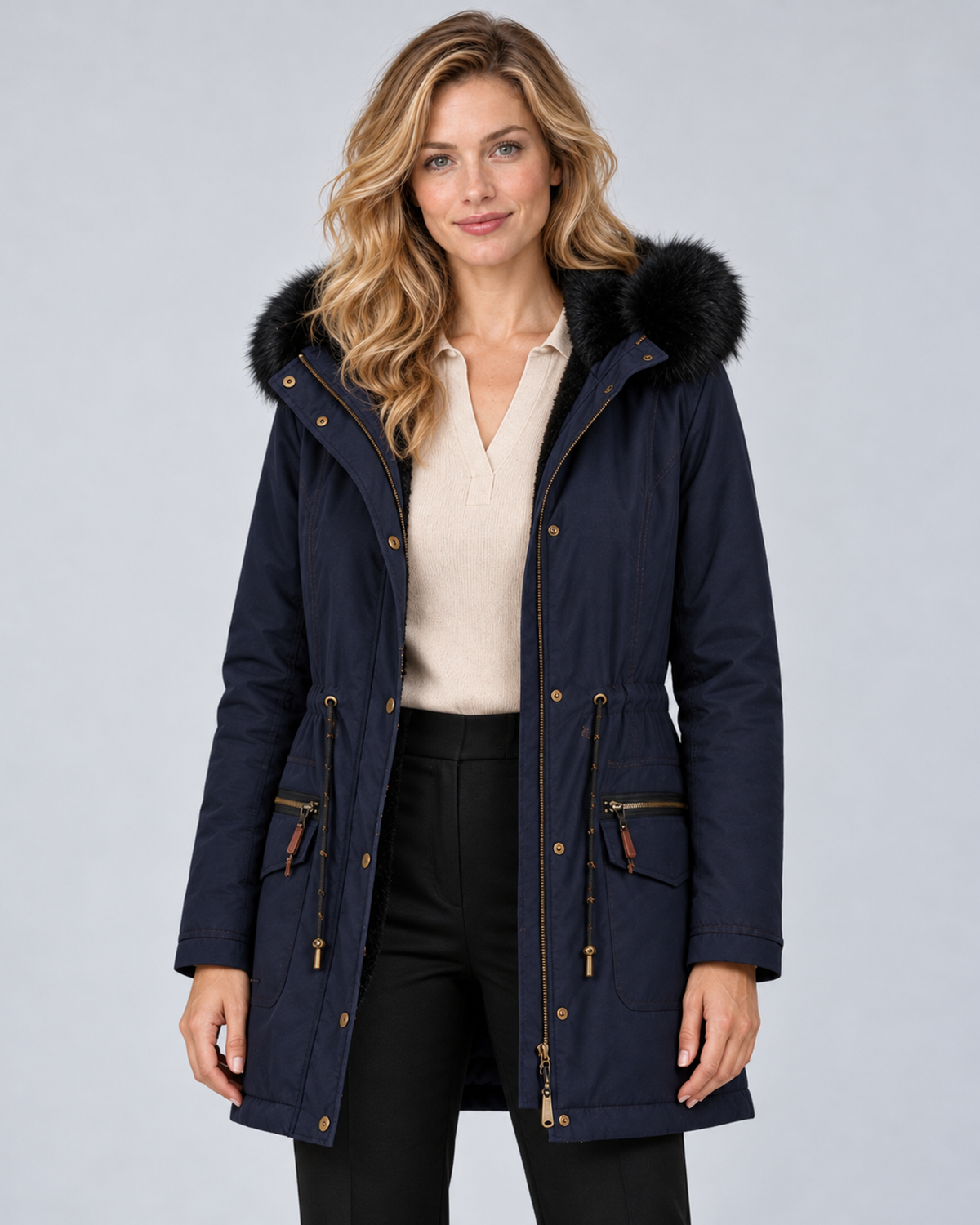 Women's hooded zip-front jacket in Navy, front hero