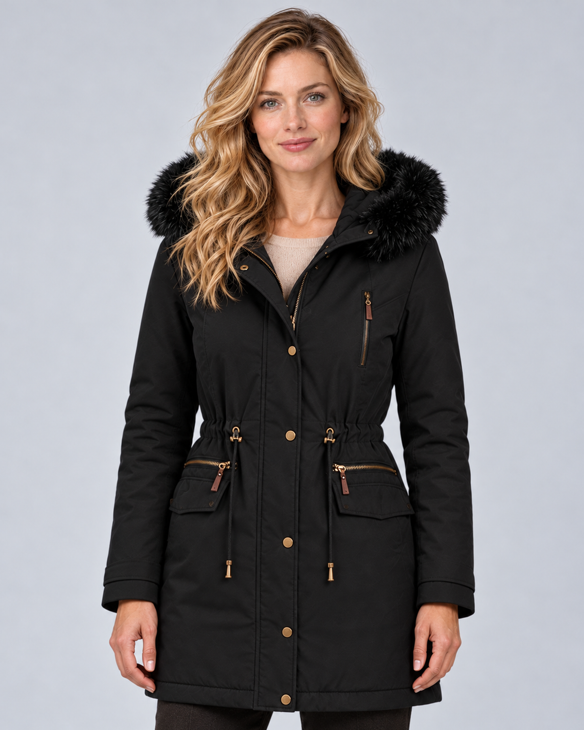 Women's hooded zip-front jacket in Black, front hero