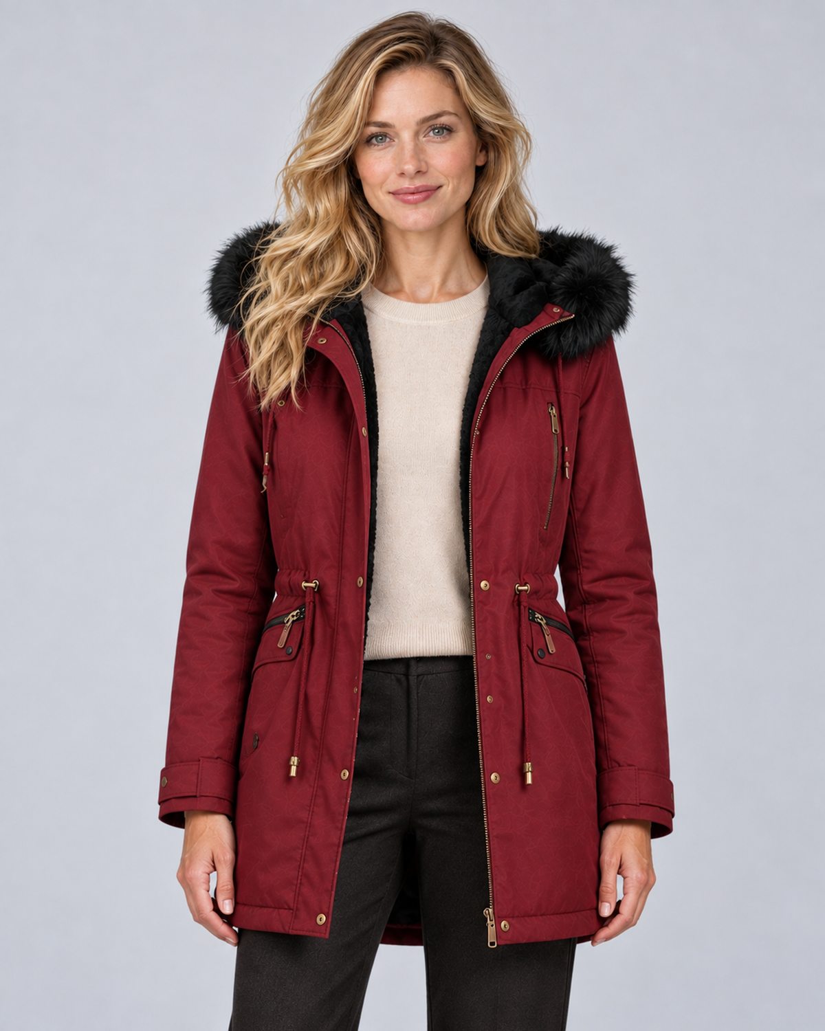 Women's hooded zip-front jacket in Wine Red, front hero
