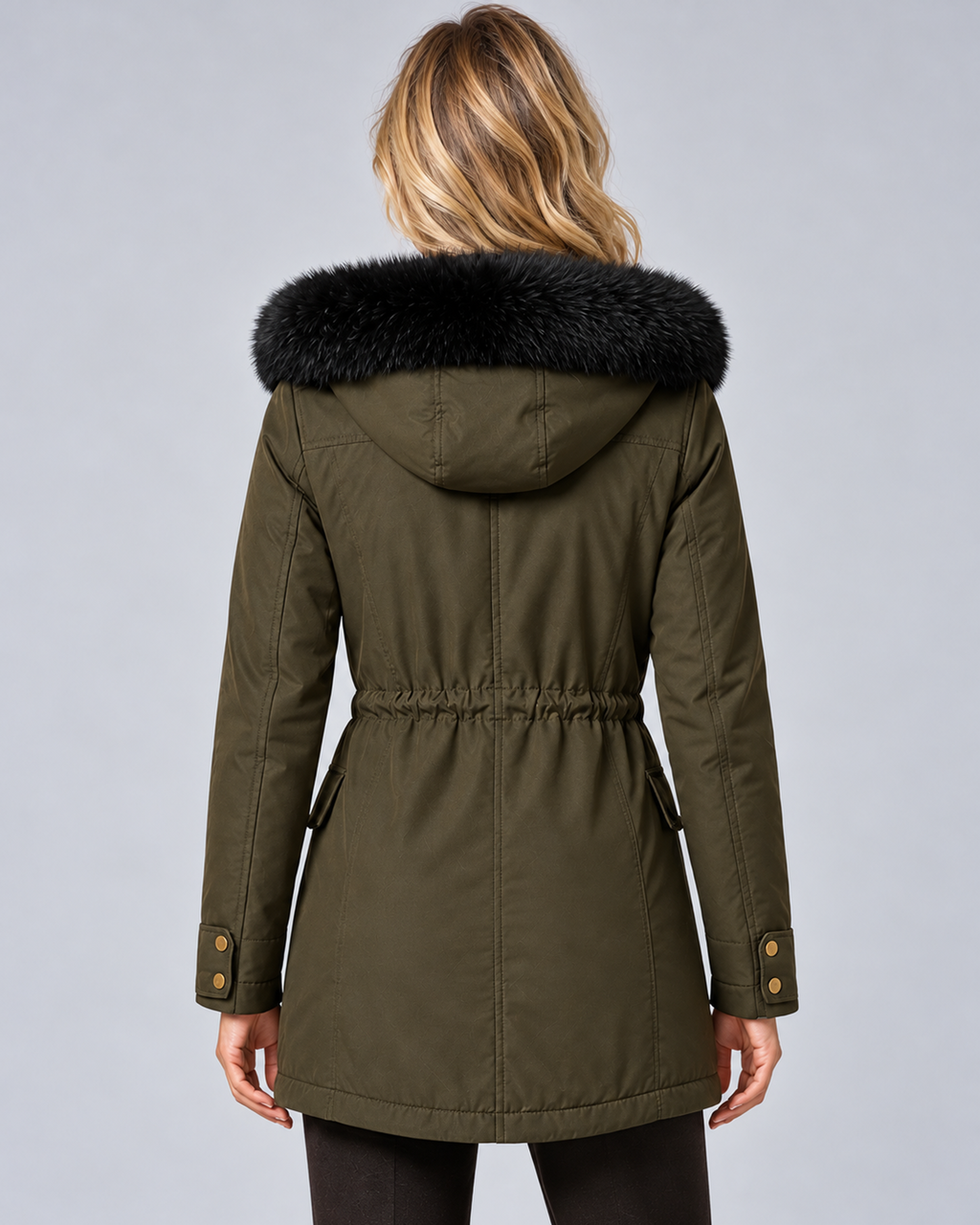 Women's hooded zip-front jacket in Green, rear