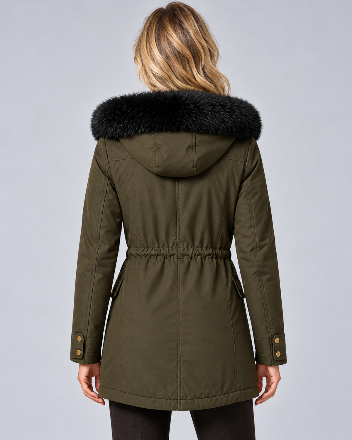 Women's hooded zip-front jacket in Green, rear