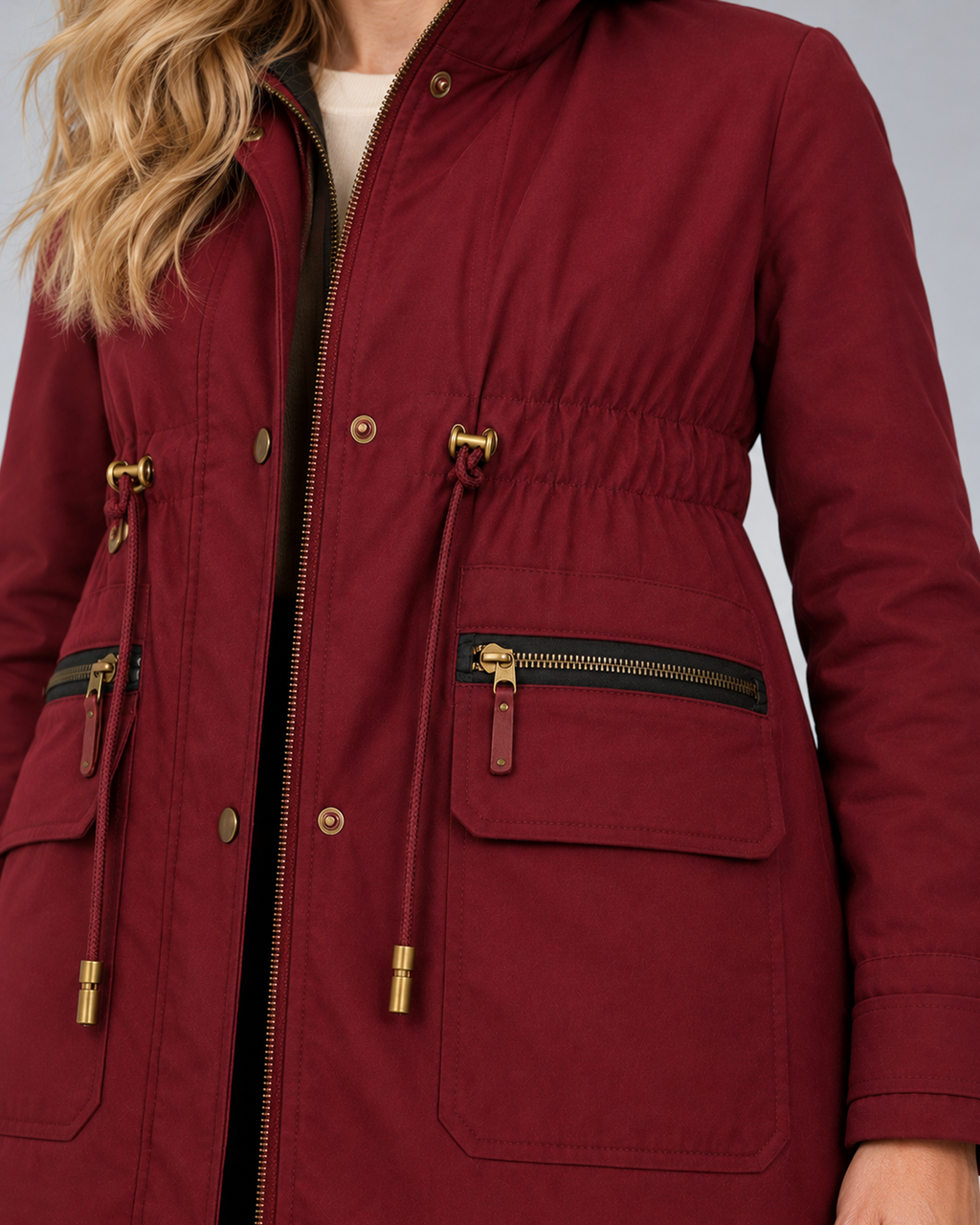 Women's hooded zip-front jacket in Wine Red, pocket detail