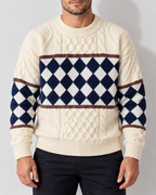 Men's Cotton Blend Sweater with Diamond Knit Pattern — Cream White lower knit and rib trims