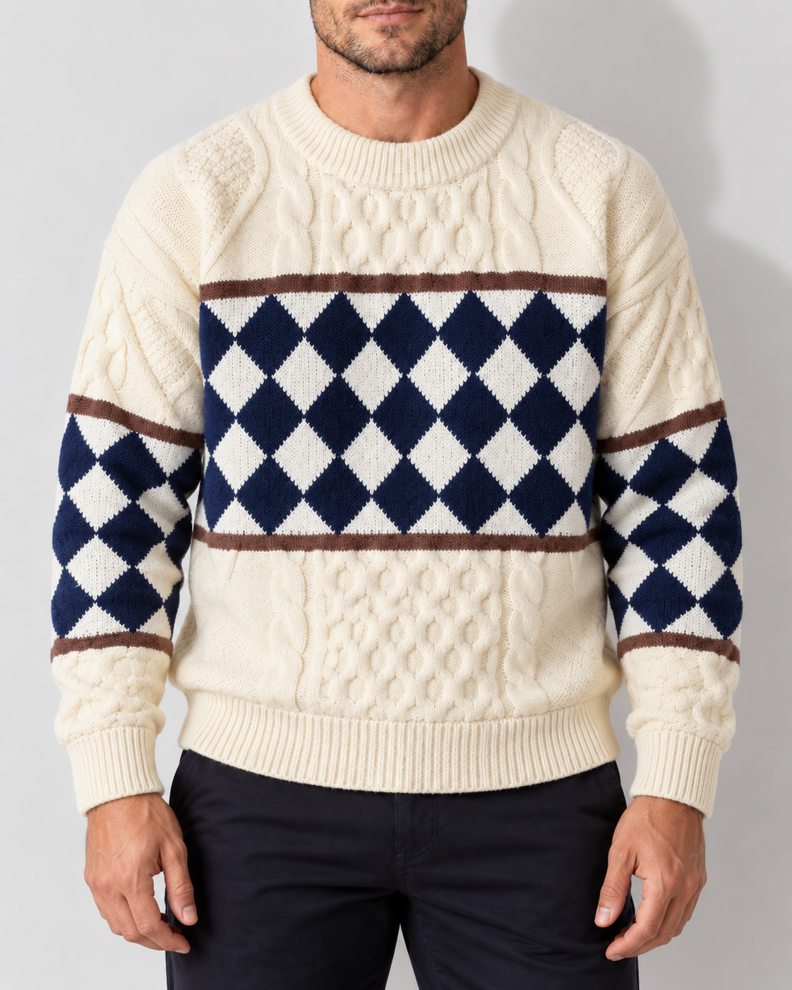 Men's Cotton Blend Sweater with Diamond Knit Pattern — Cream White lower knit and rib trims